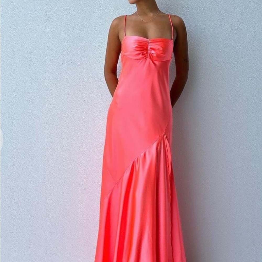 Orange Pink Backless Tie Front silk dress